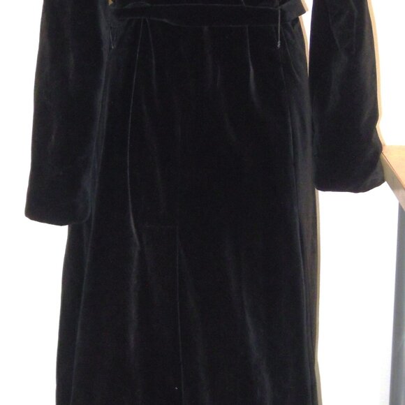 Vintage Black 100% Cotton Velvet Maxi Long Coat Opera Trench Belted MEDIUM - Picture 3 of 9